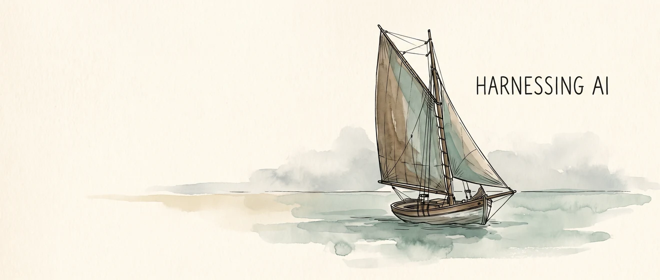 Ink and watercolour illustration of a small sailing boat on Monterey bay, its sail full, with the words Harnessing AI