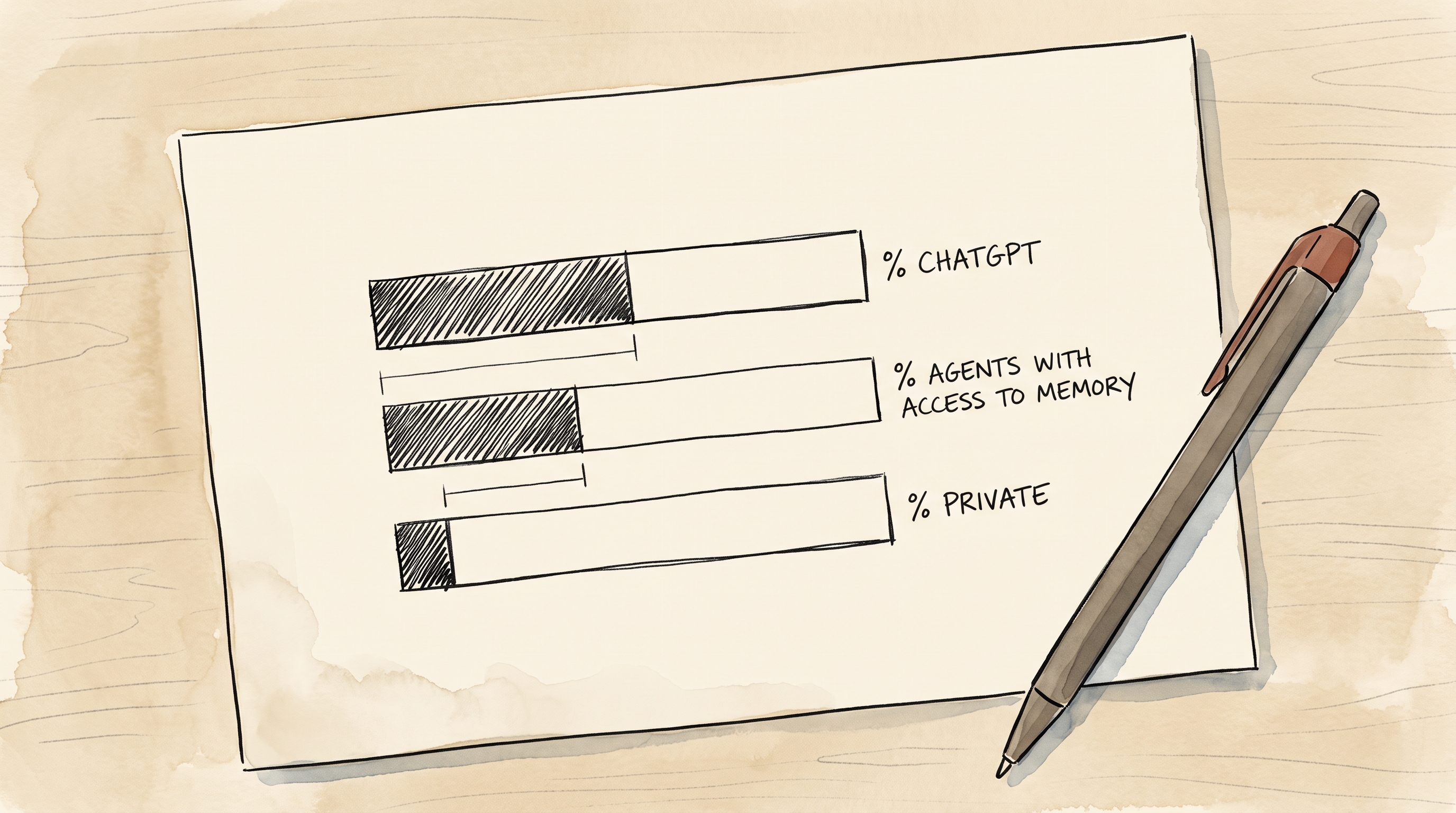 An envelope face down on a table with a pen resting on it. Three horizontal bars are sketched on the back in ballpoint, each one only as wide as the filled portion of the bar above it, so the shaded share narrows sharply from the first bar to the third.