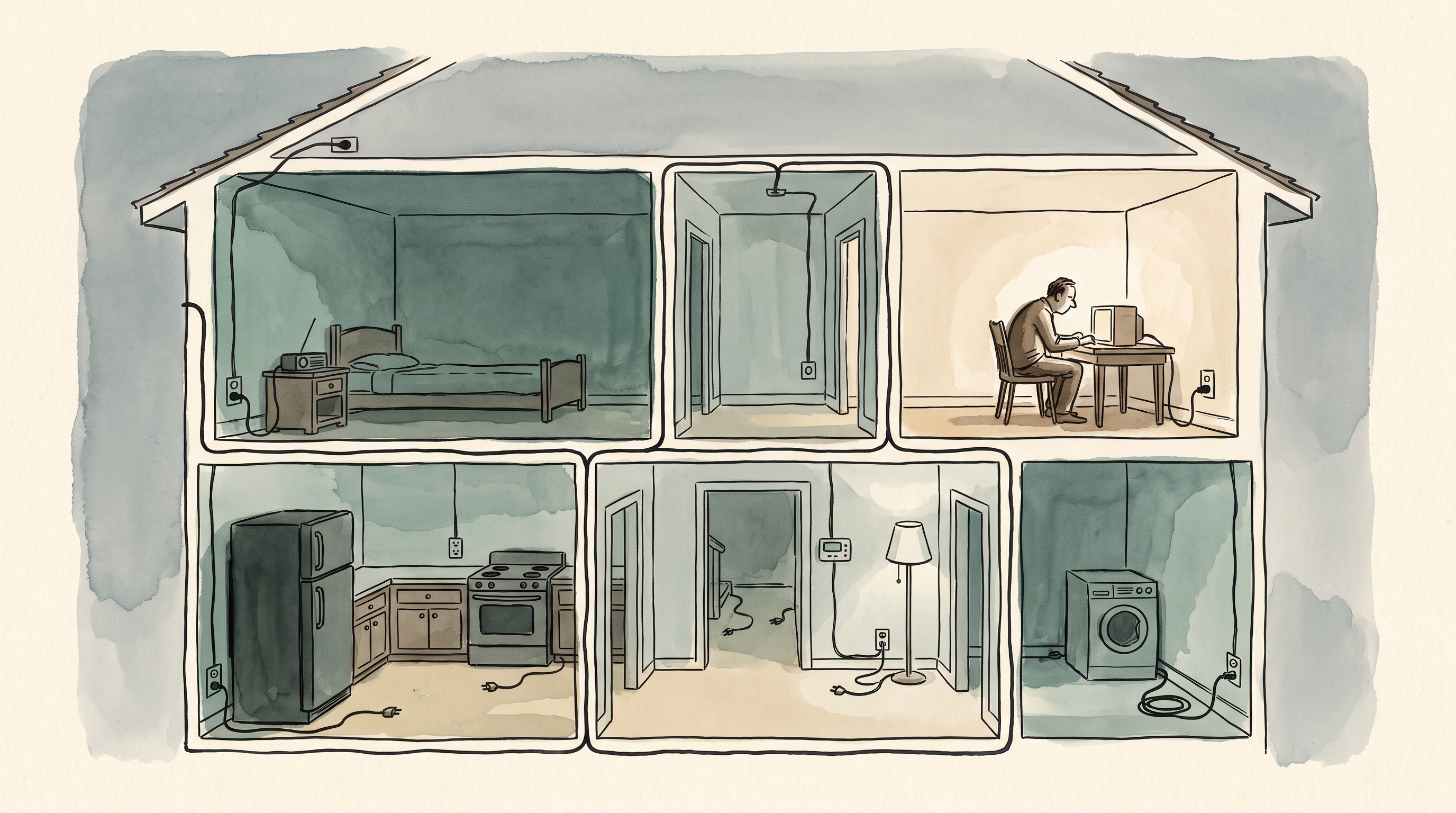 An ink and watercolour cutaway of a house at night. Wiring runs visibly through every wall to a socket in every room, but only one upstairs room is lit, where a figure sits hunched at a glowing box. The kitchen, utility room and hallway sit dark, each appliance beside a live socket with its plug lying loose on the floor.