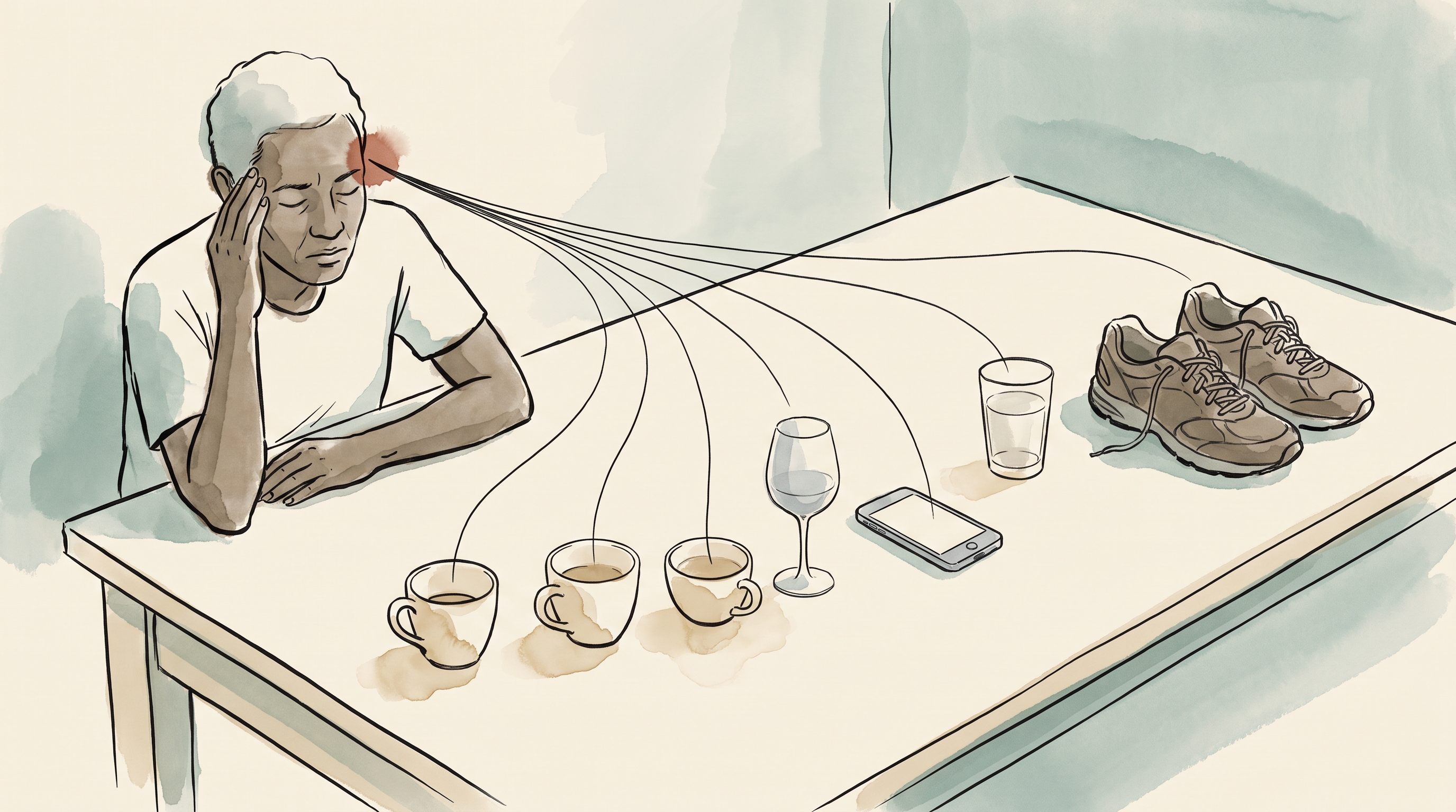 A figure at a kitchen table in early morning, one hand pressed to their temple, eyes closed. Laid out along the table in front of them are three coffee cups, a wine glass, a phone lying flat, a glass of water and a pair of running shoes pushed to the far end unused. A fine ink line rises from each object and the lines converge into one that arrives at the figure’s temple.
