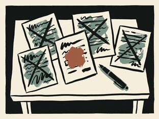 Five printed pages on a desk, several struck through with heavy editing marks