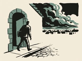 A figure walking out of a doorway, a storm building unseen on the horizon behind