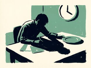A person slumped at a desk in long afternoon light, an empty plate pushed aside