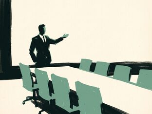 A figure at the head of a long empty boardroom table, gesturing at a blank wall