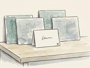 Four faded dashboard panels leaning at the back of a desk, and one clear card standing in front of them