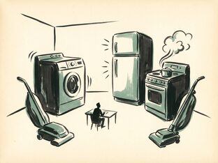 A small figure at a desk surrounded by oversized household appliances quietly at work